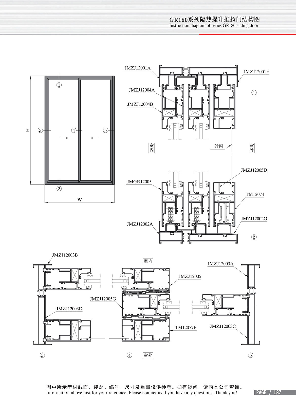 Structure drawing of GR180 series thermal break lifting sliding door