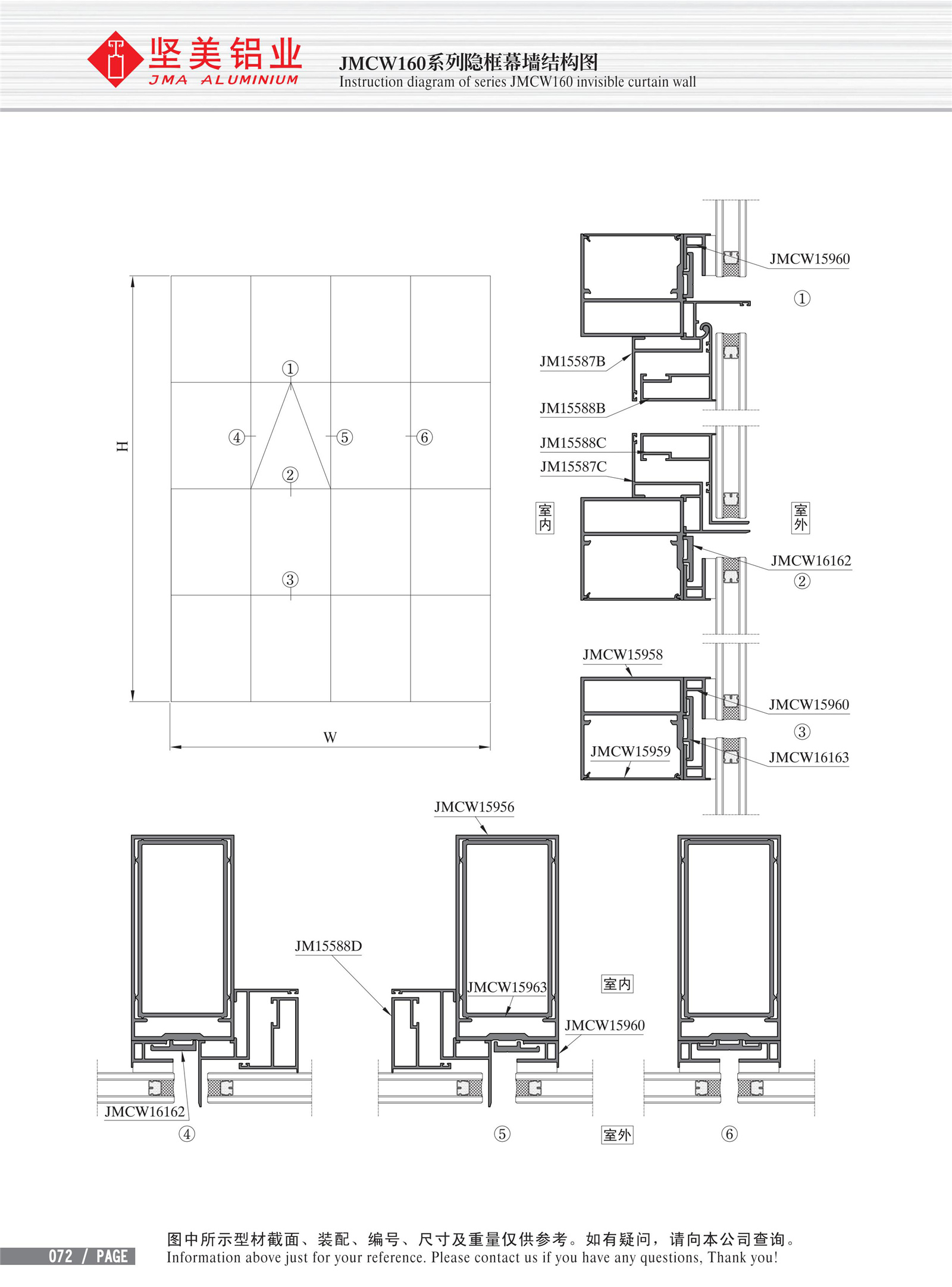 Structural drawing of JMCW160 series concealed frame curtain wall