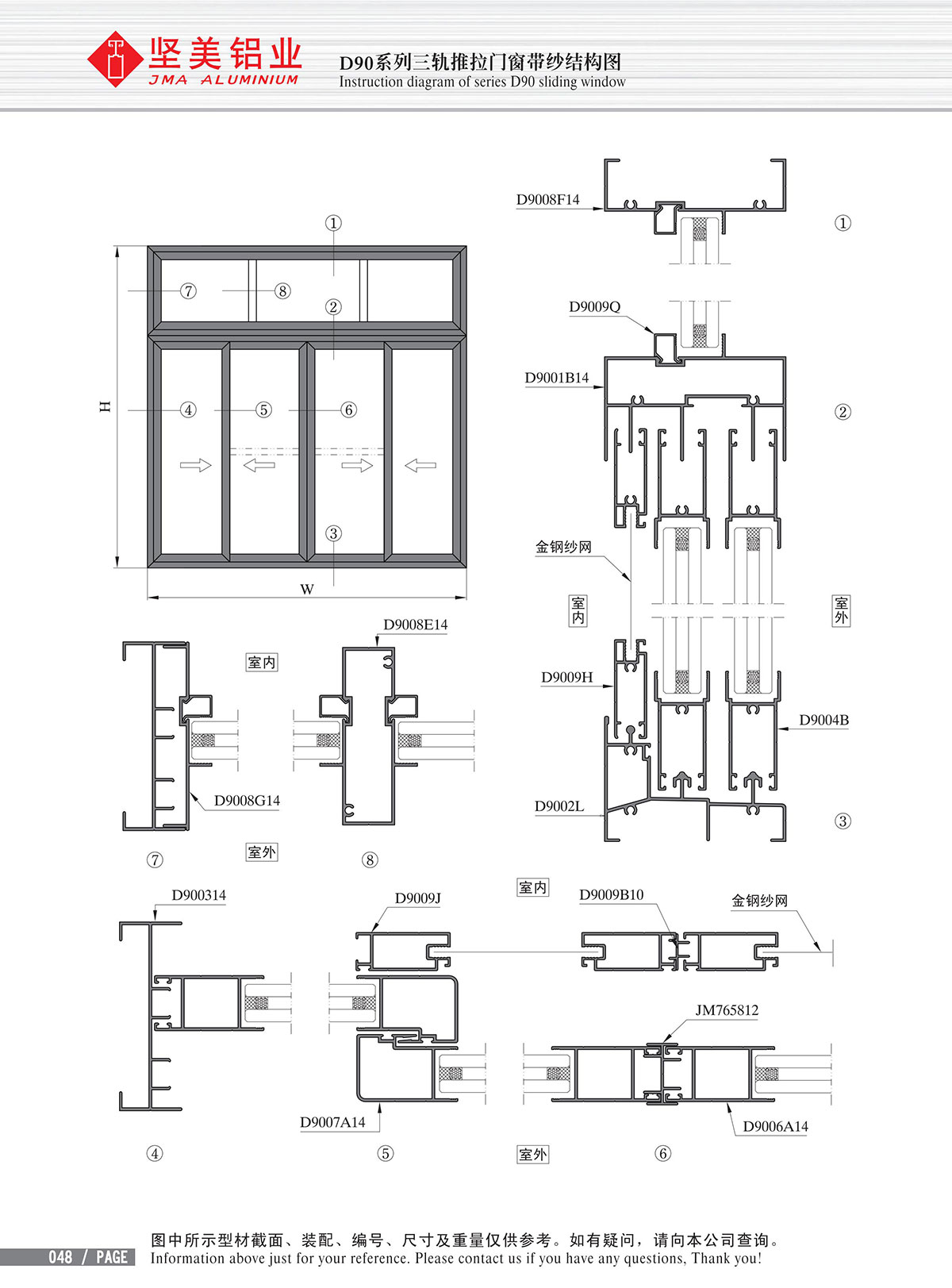 Structure drawing of D90 series three-rail sliding doors and windows with yarn