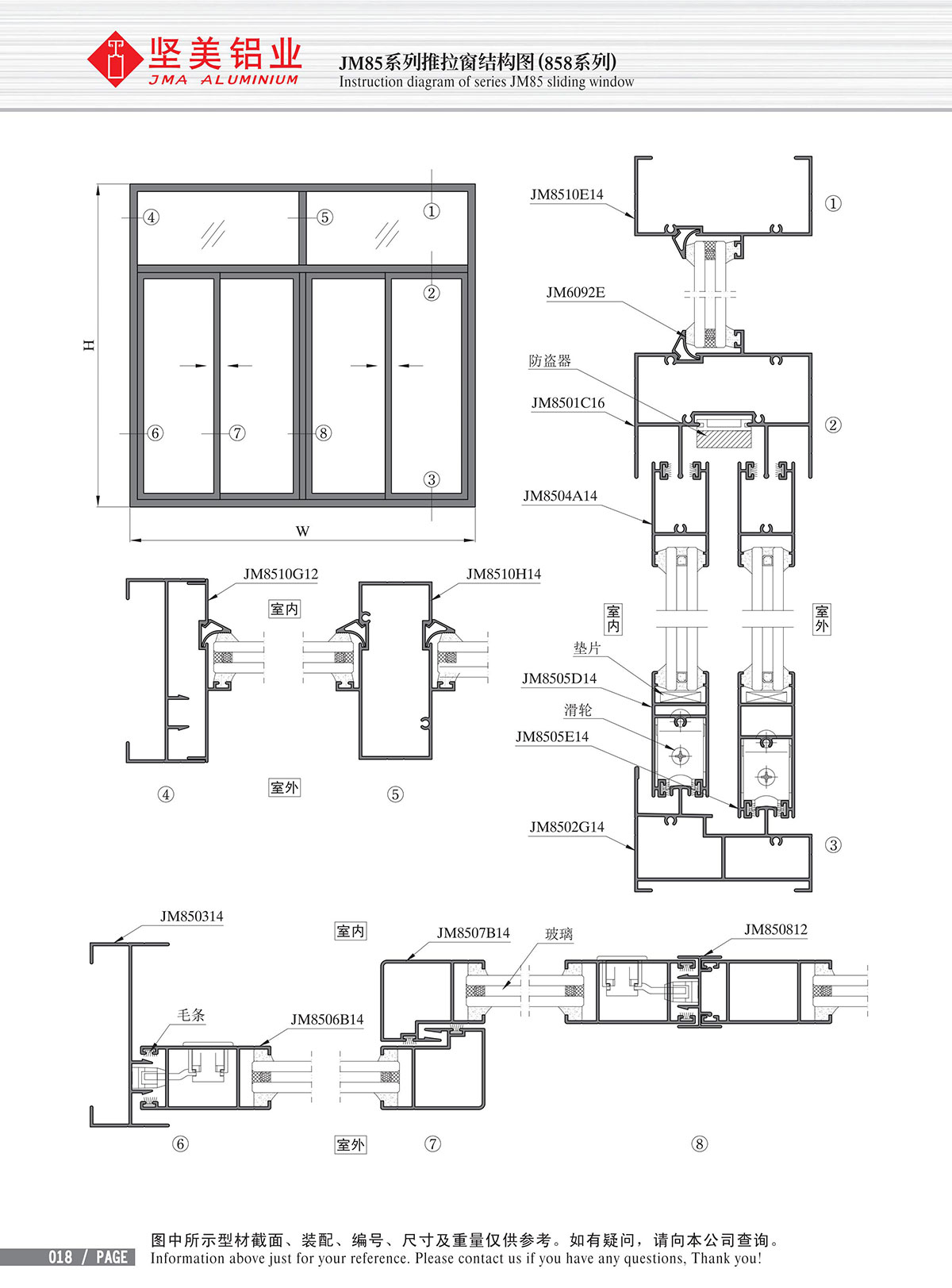 Structural drawing of JM85 series sliding window(858 series)