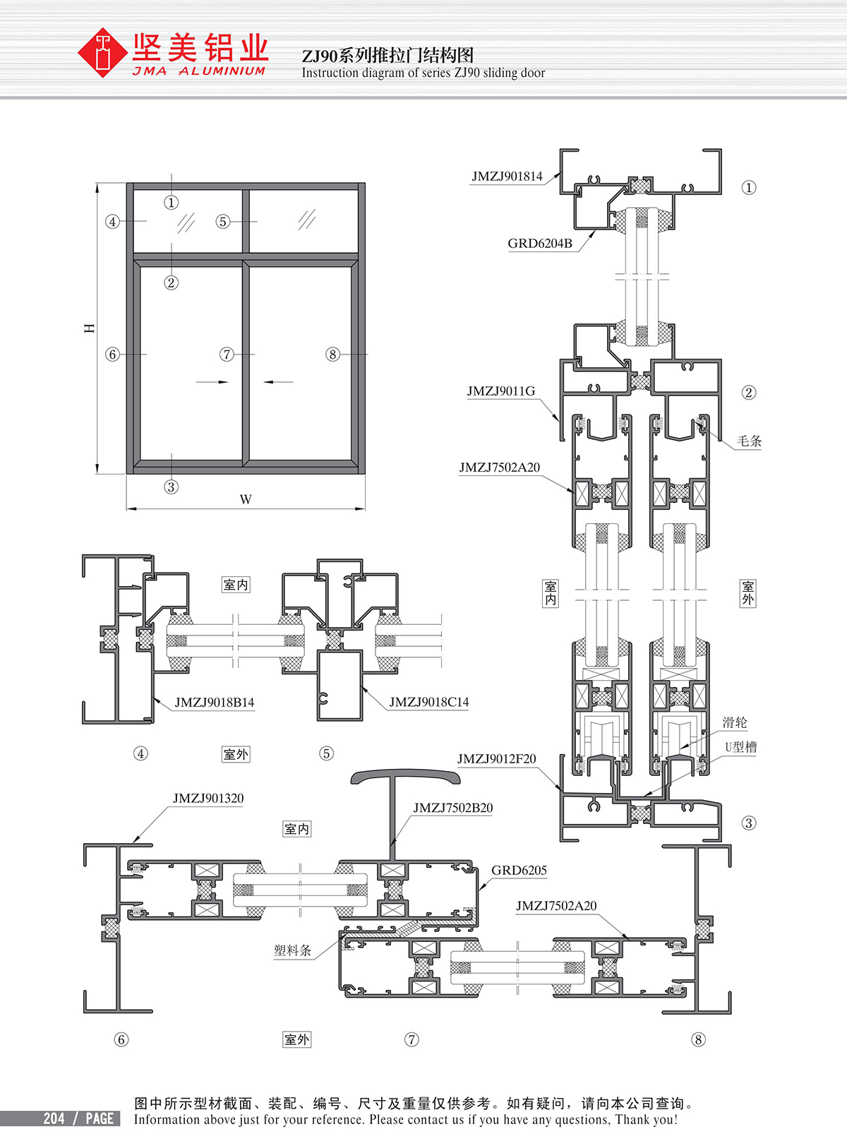 Structural drawing of ZJ90 series sliding door