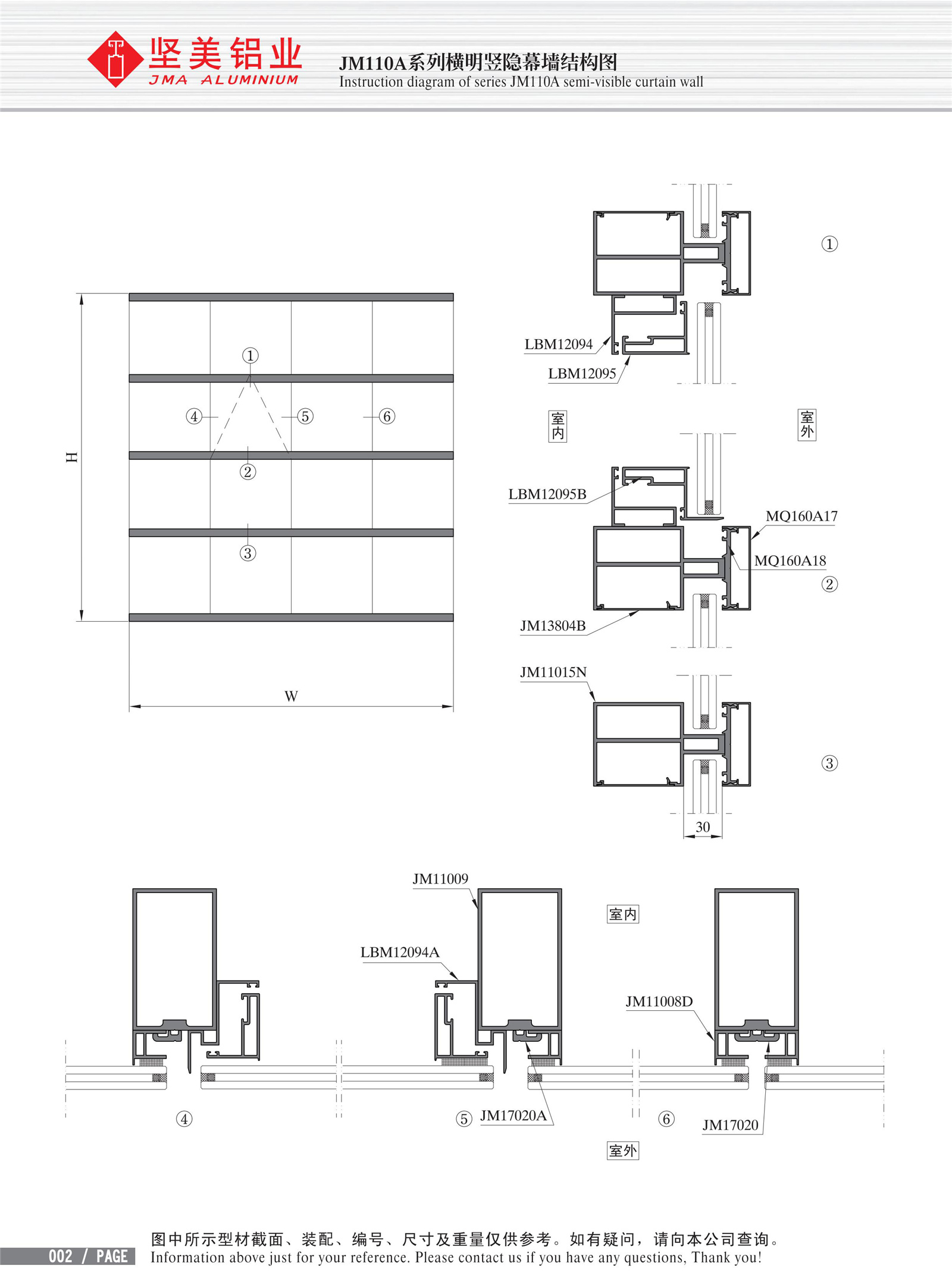 Structural drawing of JM110A series horizontal exposed and vertical concealed curtain wall