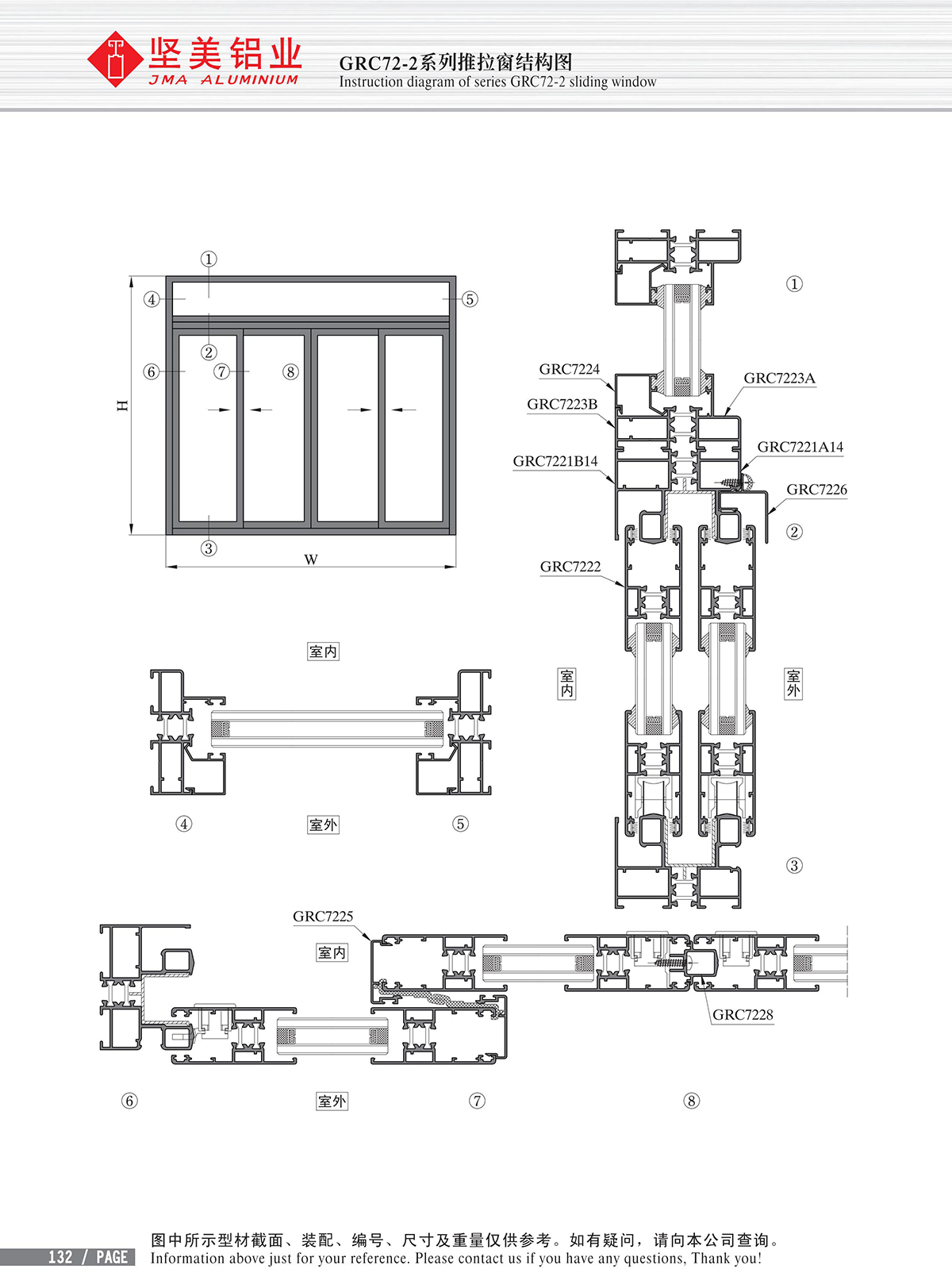 Structure drawing of GRC72-2 series sliding window