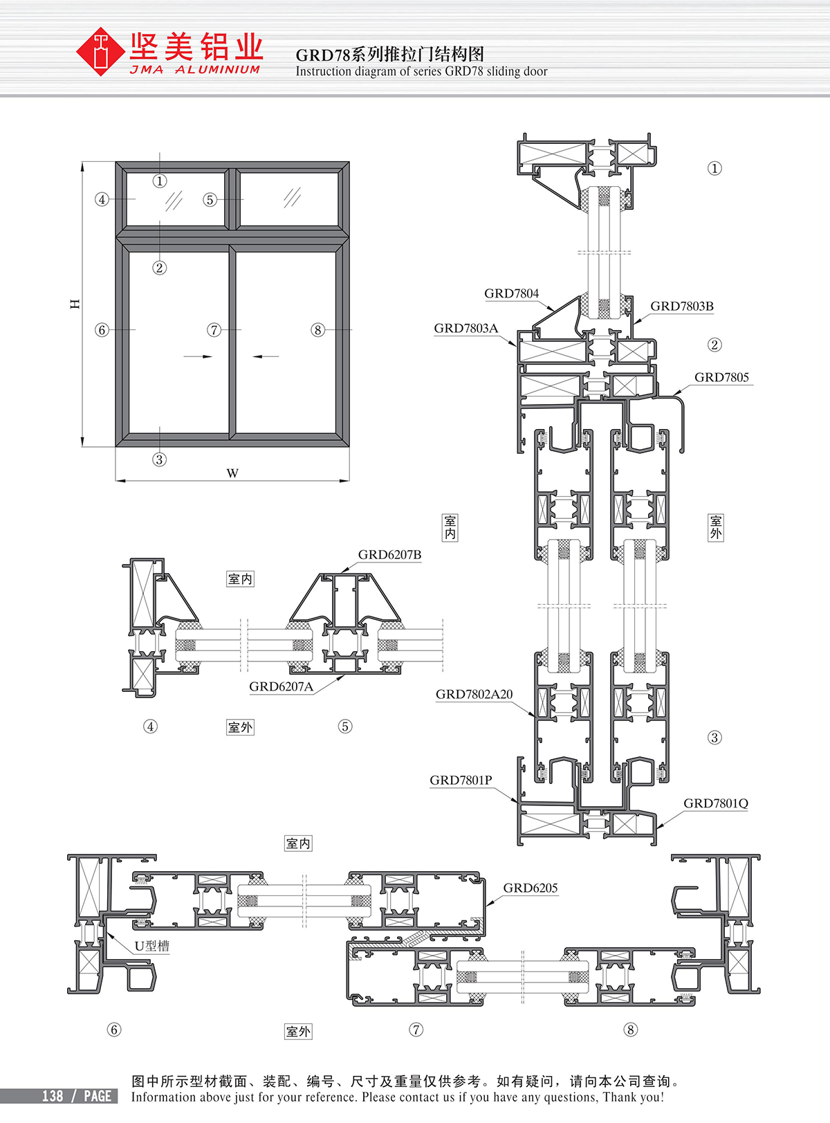 Structure drawing of GRD78 series sliding door